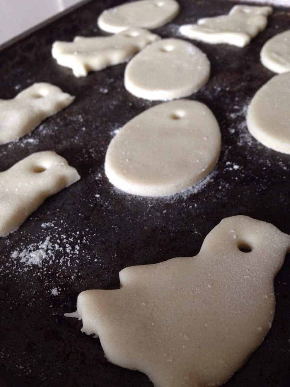 How To Make Salt Dough Ornaments for Easter: Put your salt dough ornaments on to a baking tray.