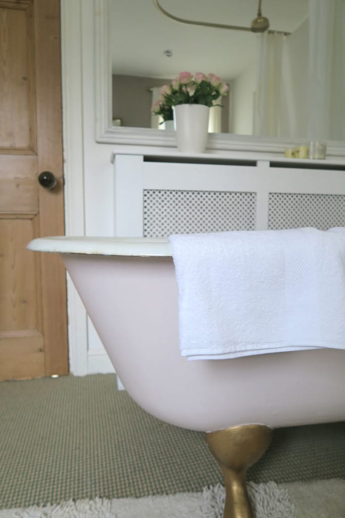 Blush pink roll top bath and decorative radiator covers