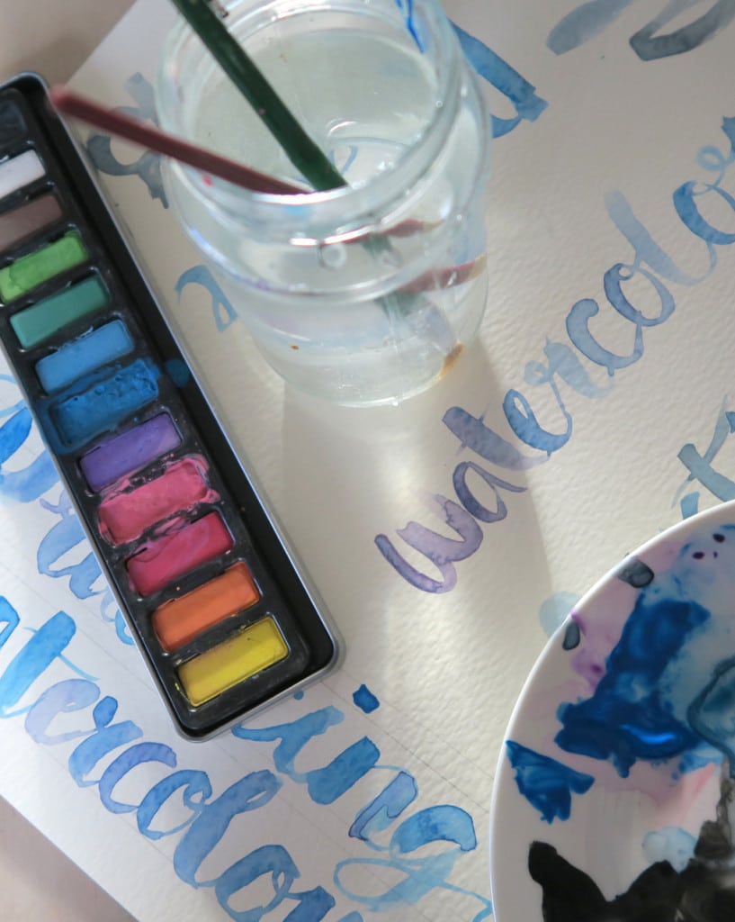 brush lettering with watercolour paint