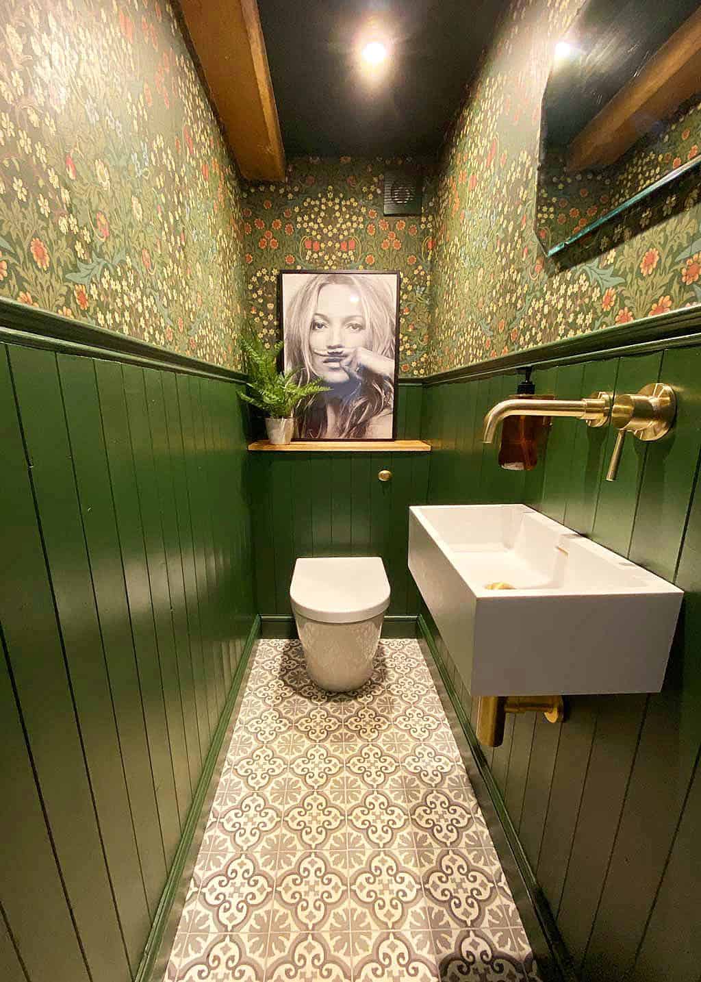 Morris wallpaper and Bert and May tiles in a downstairs toilet 