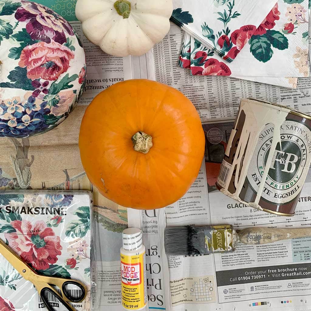 All the things you'll need to create your simple decoupage pumpkins